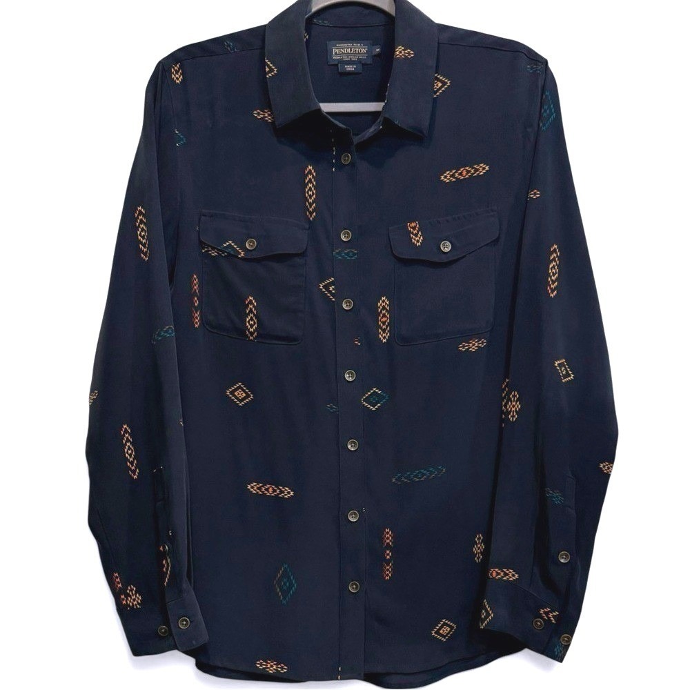 Pendleton Silk Southwestern Aztec Print Button Down Shirt Navy Womens M New